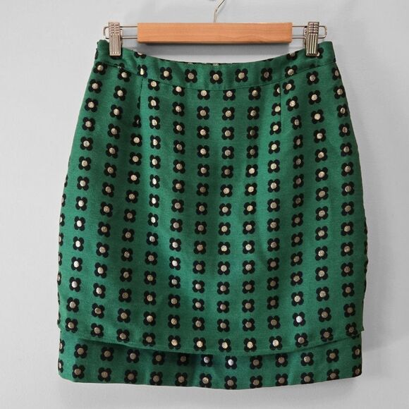 Anthropologie HD Paris Green Floral Mini Skirt Size 4‎ Retro Twee Career - Picture 13 of 14